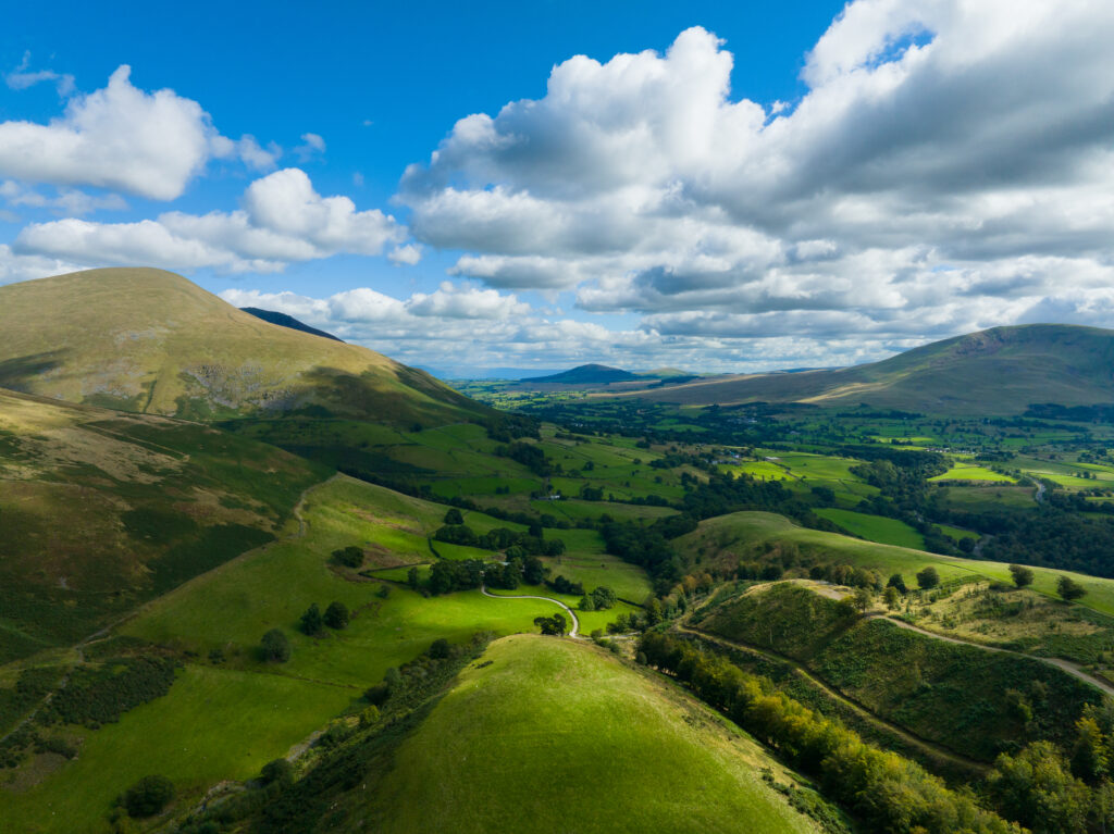 England, Cumbria, Lake District National Park. Aerial view from near the summit of Latrigg looking towards the north east lake district.