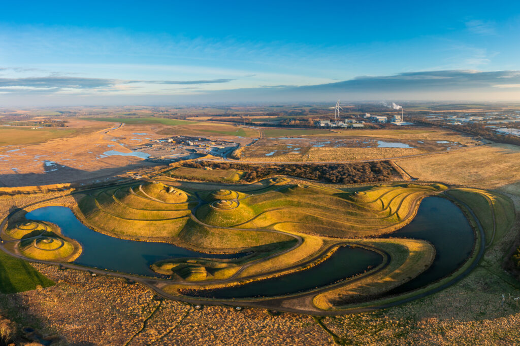 Aerial photo of Northumerlandia, photographed with a drone on a drone photo and video commission for the Northumbeland Wildlife Trust.